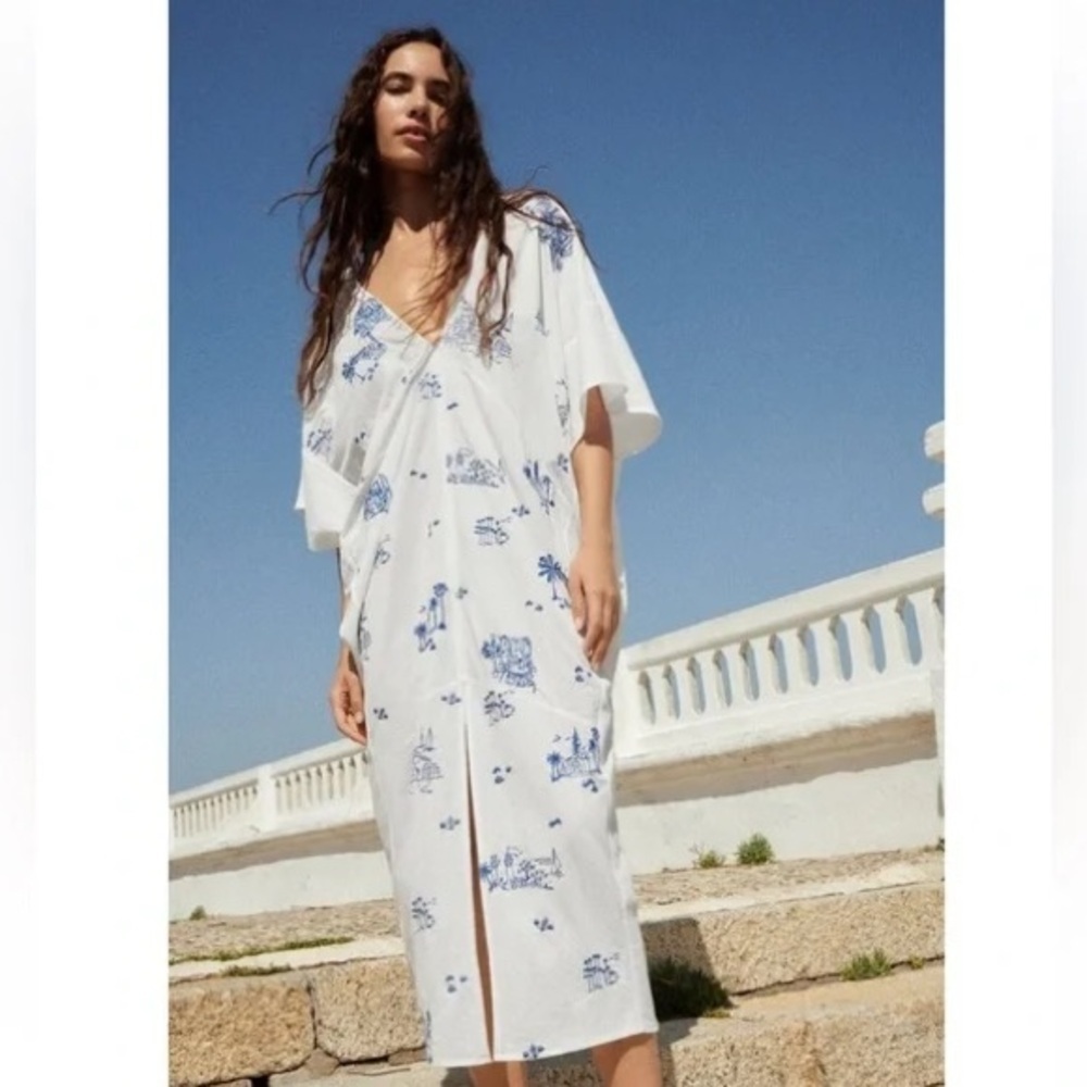 Zara / Embroidered Kaftan Dress Long Oversized Midi